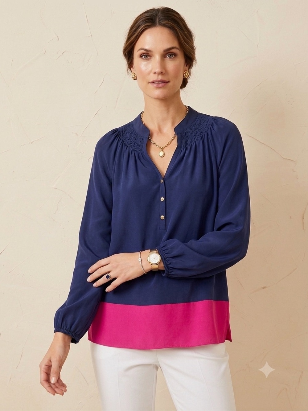 Lilly Pulitzer Elsa Navy Pink Silk Colorblock Blouse Smocked Preppy Top Small